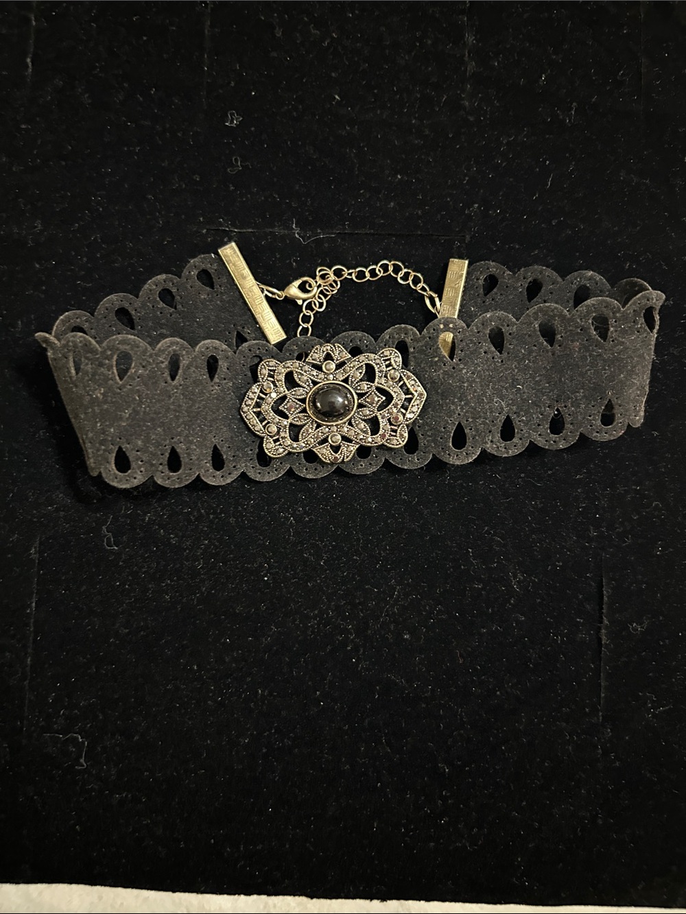 Black Scalloped Faux Suede Choker with Ornate Filigree Pendant